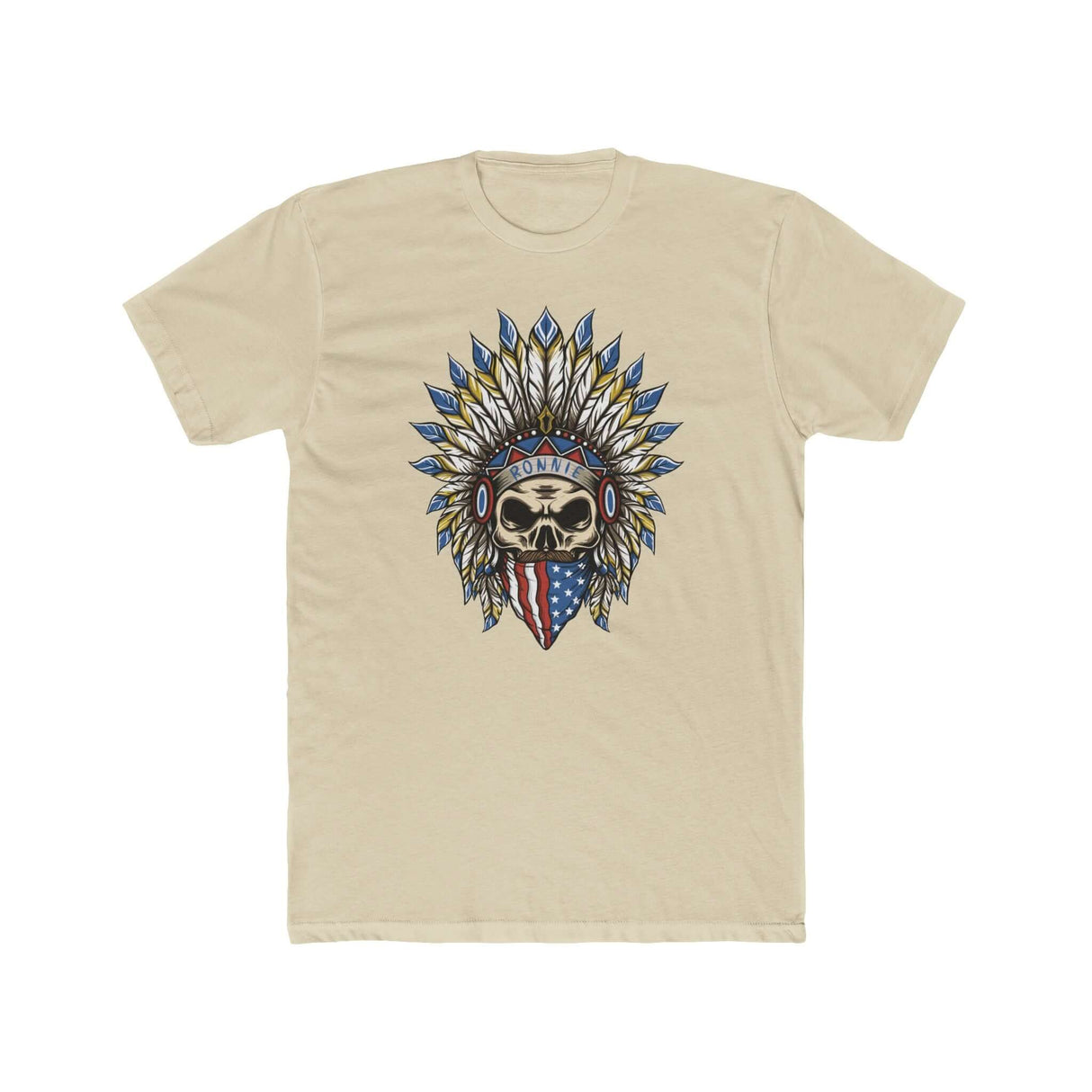 Skeleton Ronnie Mac shirt with American bandana and feathered hat design for moto fans.