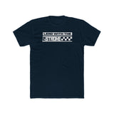 Black "Lead with the 2-Stroke" T-shirt featuring bold text and checkered design.