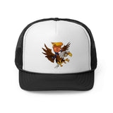 Trump riding a screaming eagle trucker hat celebrating patriotism and leadership in bold red, white, and blue design.