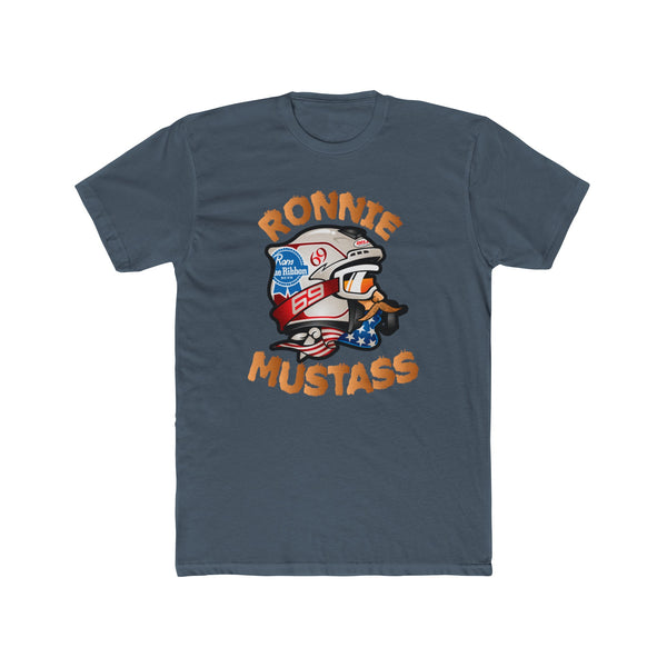 Ronnie MUSTASS t-shirt with Ronnie Mac cartoon character and humorous caption on front