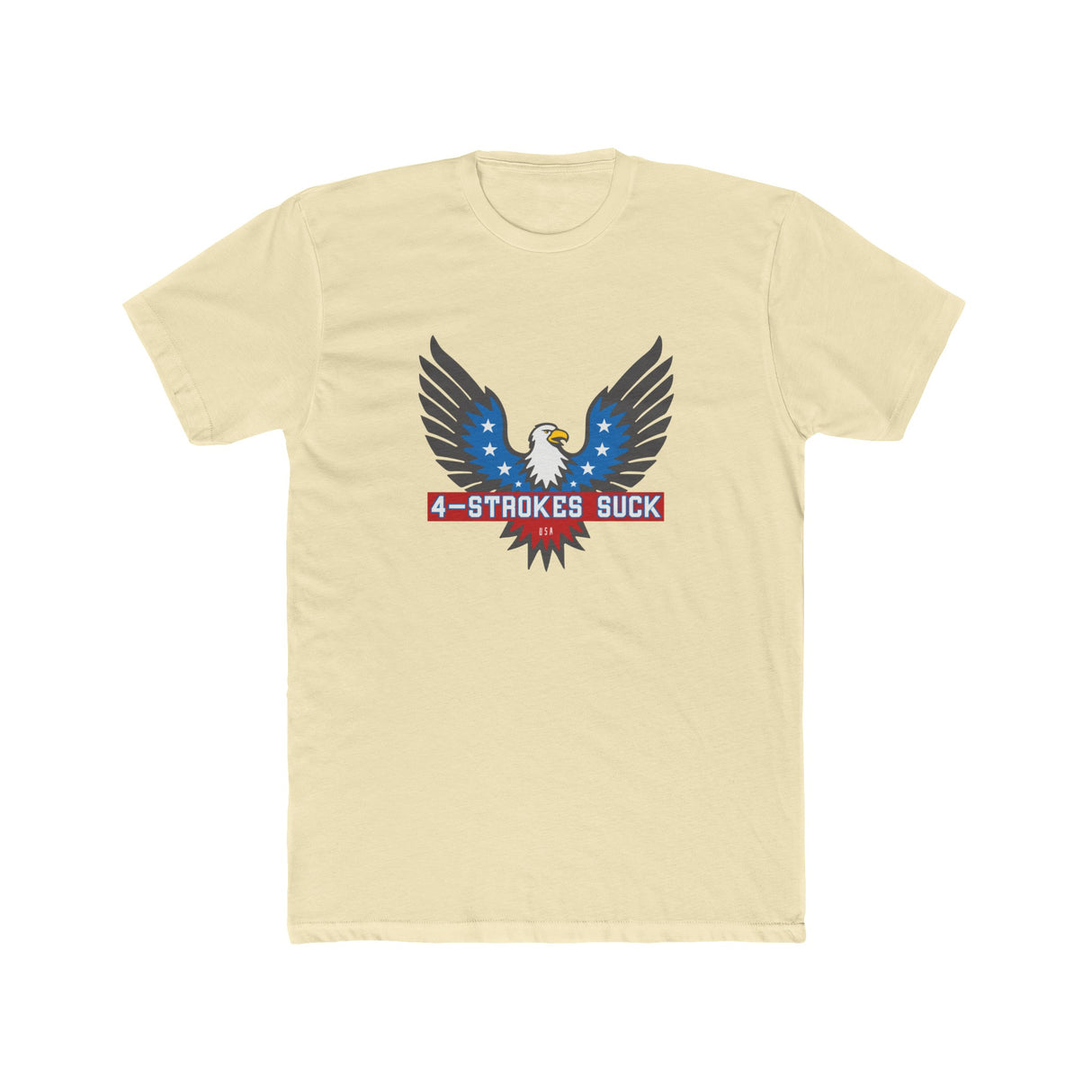 4-Strokes Suck Screamin Eagle Bird Shirt featuring eagle design and red, white, blue colors on a yellow background.