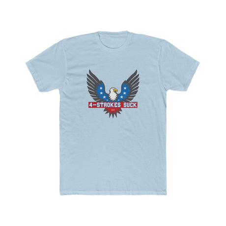 Light blue t-shirt featuring a bold eagle design with '4-Strokes Suck' text, perfect for 2-stroke motorcycle enthusiasts.