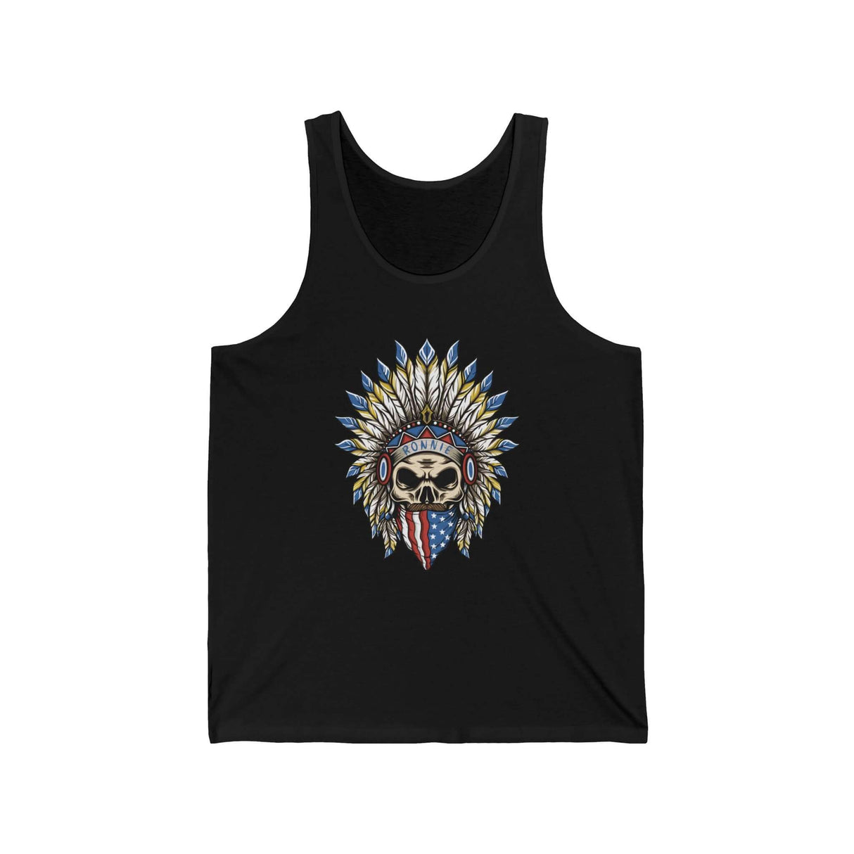 Skeleton Ronnie Mac Head Tank Top with American Bandana and Feathered Hat Design on Black Tank