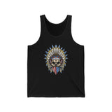 Skeleton Ronnie Mac Head Tank Top with American Bandana and Feathered Hat Design on Black Tank