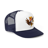 Trump-themed trucker hat featuring a cartoon design of Trump riding an eagle, perfect for patriotic enthusiasts.