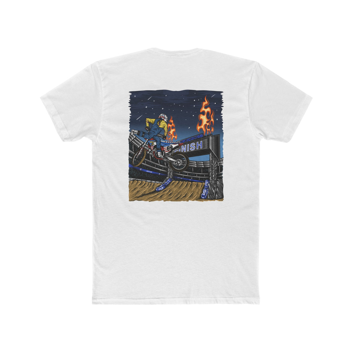 Supercross Mac Nac Shirt featuring a graphic of Ronnie Mac performing a stunt under a night sky.