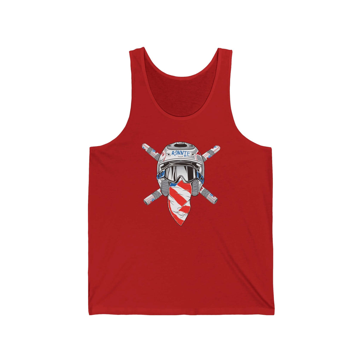 Ronnie Mac Crossbones Tank Top in red featuring a bold graphic design of a helmet and crossed handlebars.