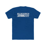 Blue "Lead with the 2-Stroke" T-Shirt featuring bold white text and checkered design. Perfect for motocross enthusiasts.