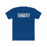 Blue "Lead with the 2-Stroke" T-Shirt featuring bold white text and checkered design. Perfect for motocross enthusiasts.
