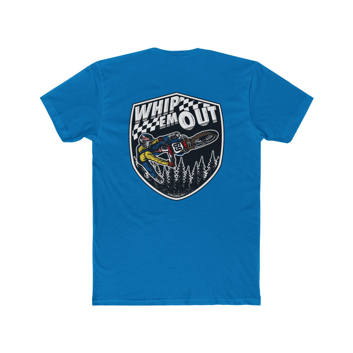 Blue "Whip 'Em Out" shirt featuring a motocross stunt design with Ronnie Mac 69 over a forest background.