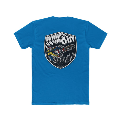 Blue "Whip 'Em Out" shirt featuring a motocross stunt design with Ronnie Mac 69 over a forest background.