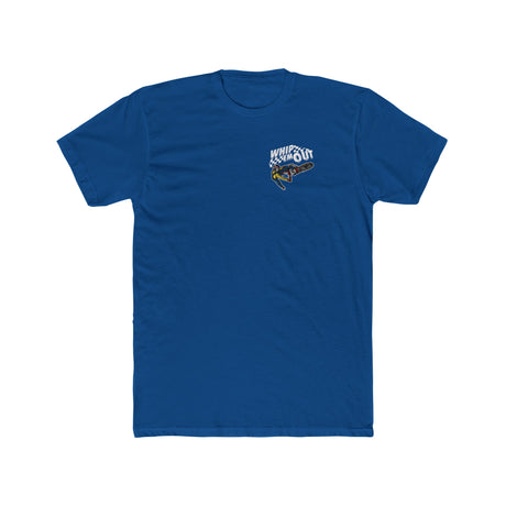 Blue Whip 'Em Out stunt T-shirt featuring dirt bike design on front.