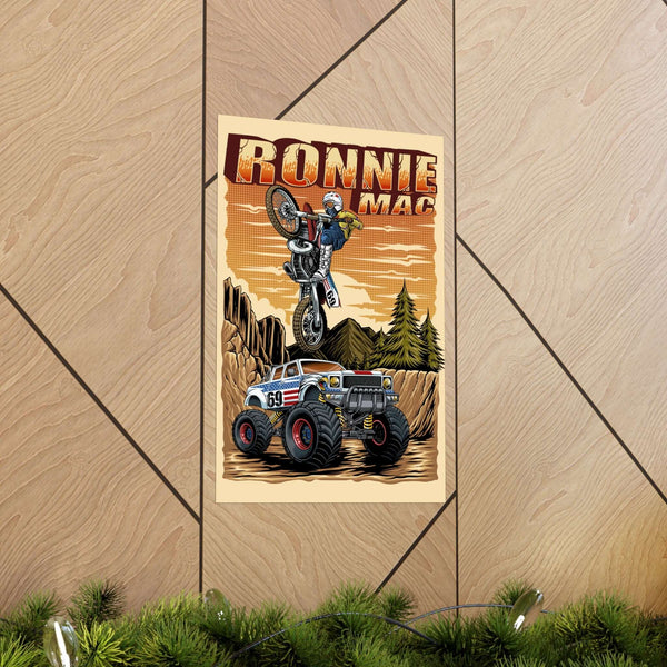 Ronnie Mac popping an air wheelie over a Monster Truck on Screamin' Eagle dirt bike poster on museum-grade paper