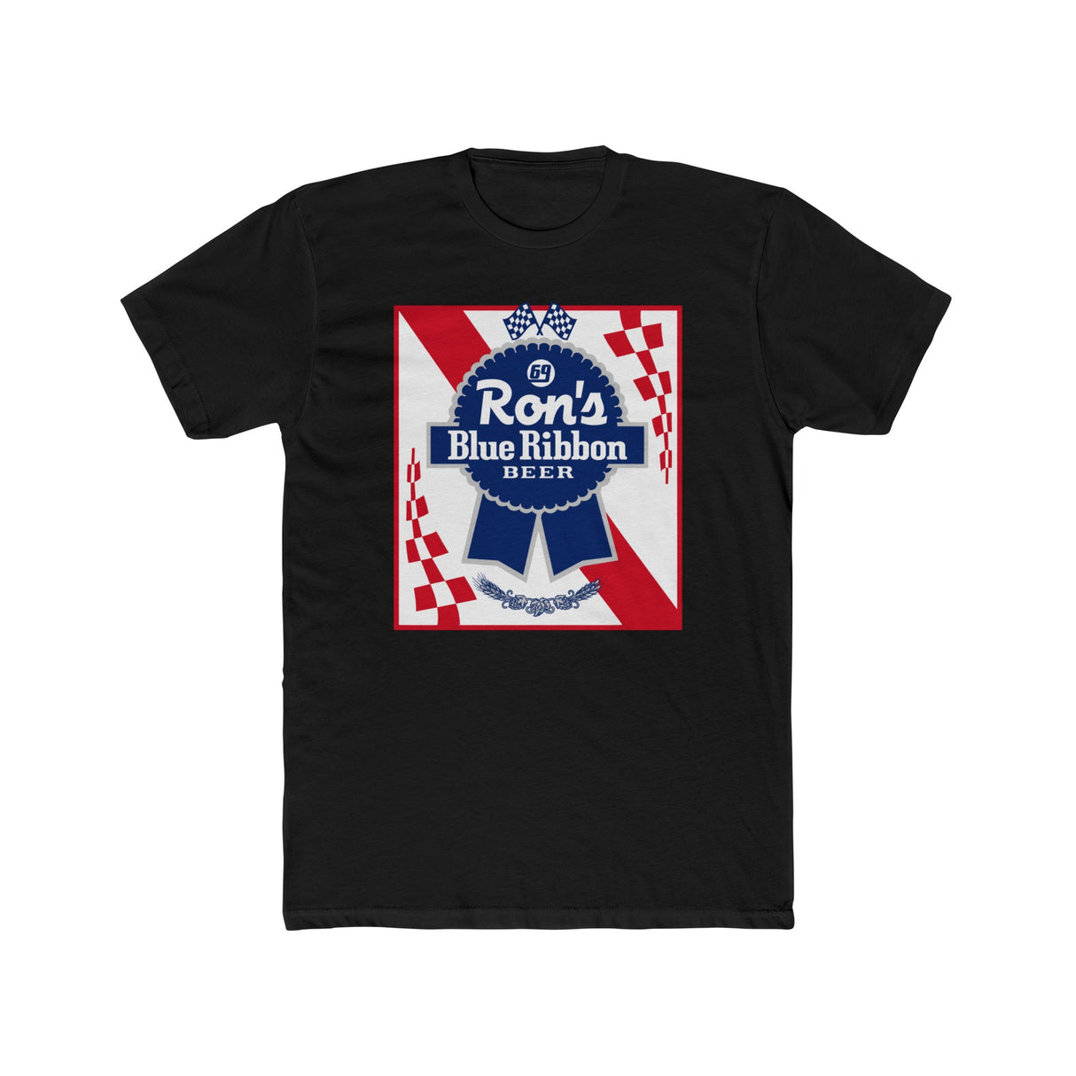Rons Blue Ribbon Beer shirt featuring vintage Pabst Blue Ribbon design on a black background.