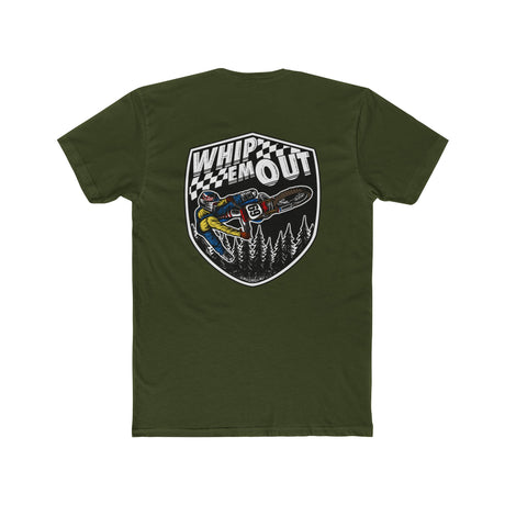 Green "Whip 'Em Out" shirt featuring Ronnie Mac stunt design with motocross theme on back.
