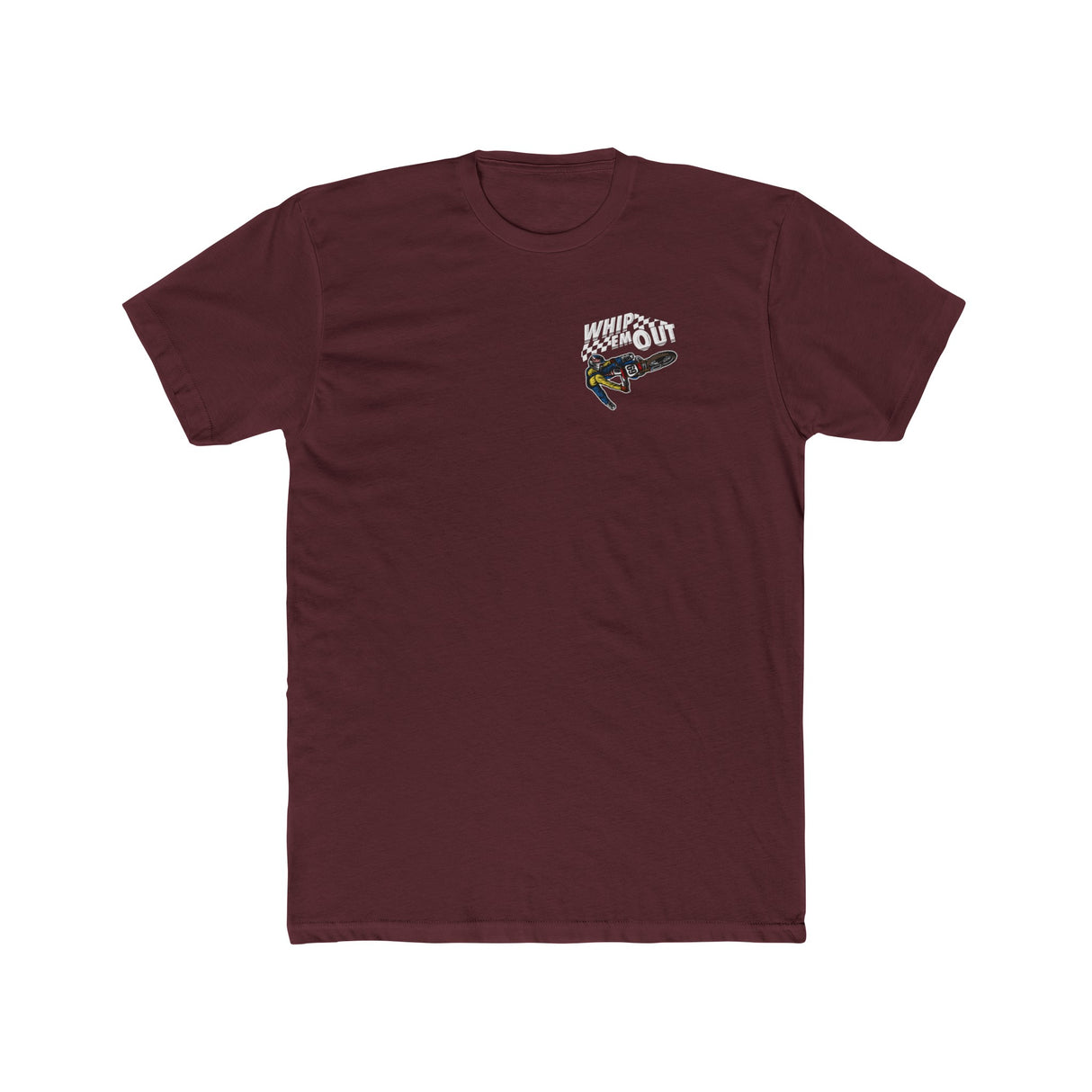 Maroon "Whip 'Em Out" dirt bike stunt t-shirt featuring Ronnie Mac 69 design on the front.