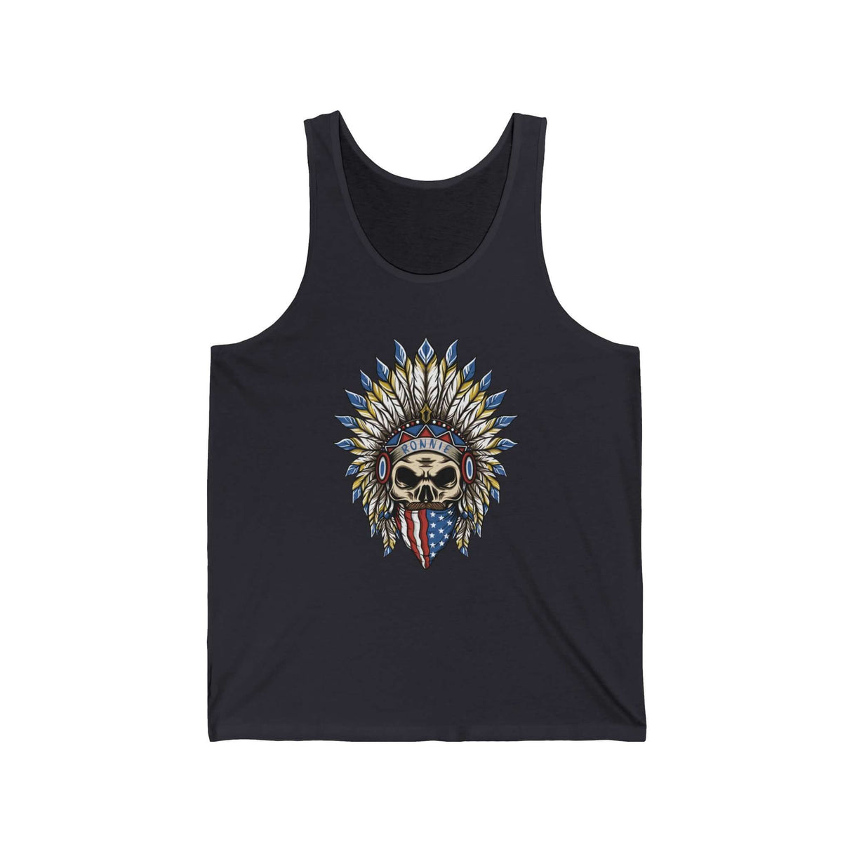 Skeleton Ronnie Mac Head Tank Top with American Bandana and Feathered Hat Design