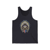 Skeleton Ronnie Mac Head Tank Top with American Bandana and Feathered Hat Design