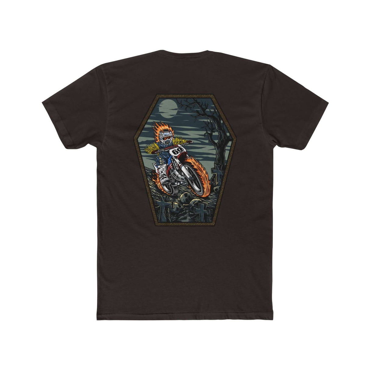 Ghost Rider Ronnie Mac Shirt with flaming skull design and motorcycle graphic on a black t-shirt.