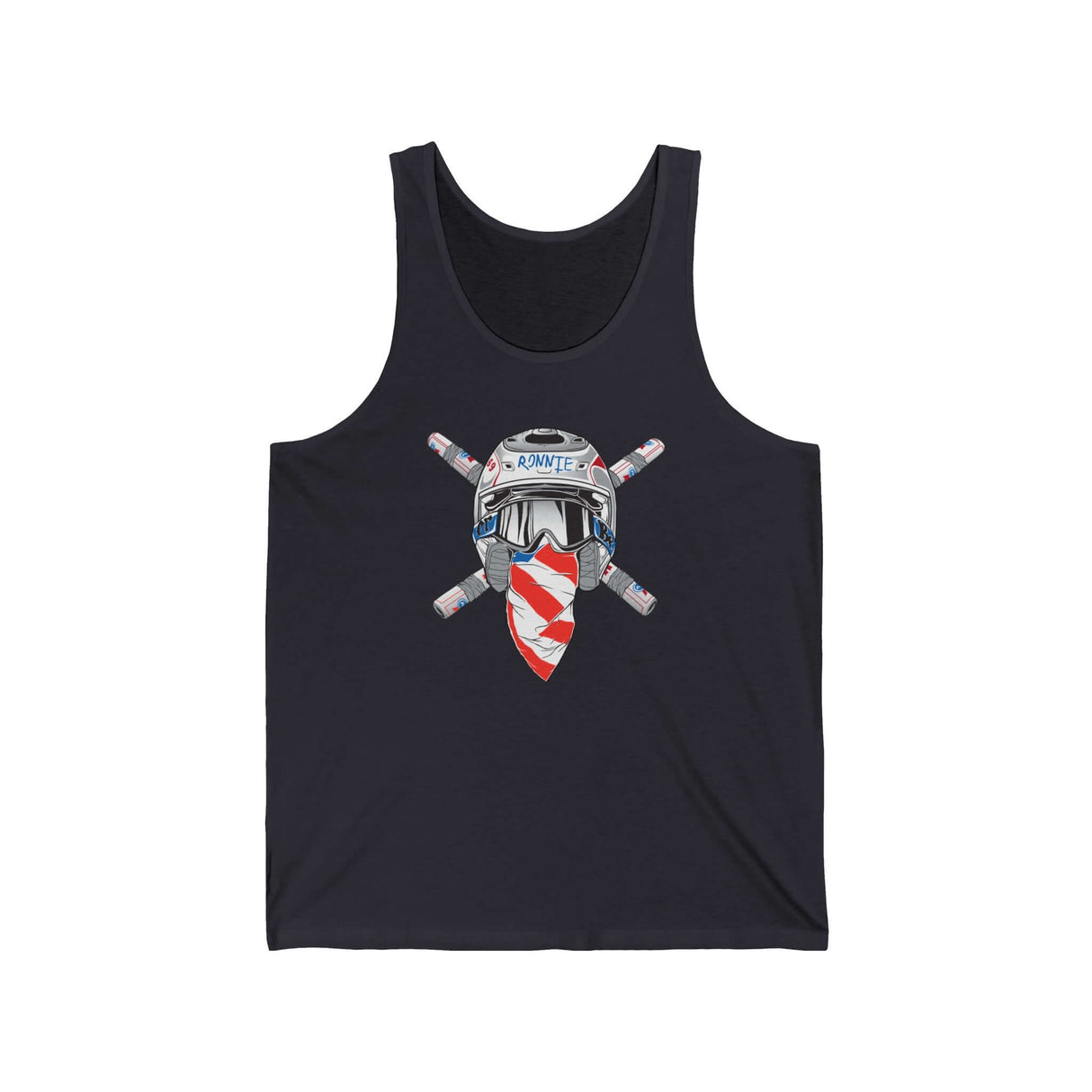 Black tank top featuring Ronnie Mac crossbones logo and helmet design, perfect for motocross enthusiasts.