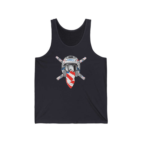Black tank top featuring Ronnie Mac crossbones logo and helmet design, perfect for motocross enthusiasts.