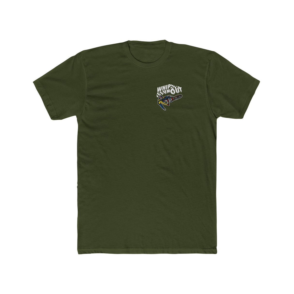 Whip 'Em Out stunt shirt in green featuring Ronnie Mac 69 design, perfect for dirt bike enthusiasts.