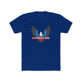 Blue t-shirt featuring eagle design and text "4-Strokes Suck" for 2-stroke enthusiasts.