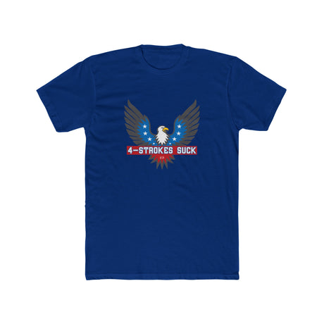 Blue t-shirt featuring eagle design and text "4-Strokes Suck" for 2-stroke enthusiasts.