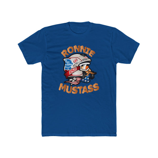 Ronnie MUSTASS T-Shirt with cartoon character wearing helmet on front and bold text, perfect for redneck couture and two-stroke engine fans