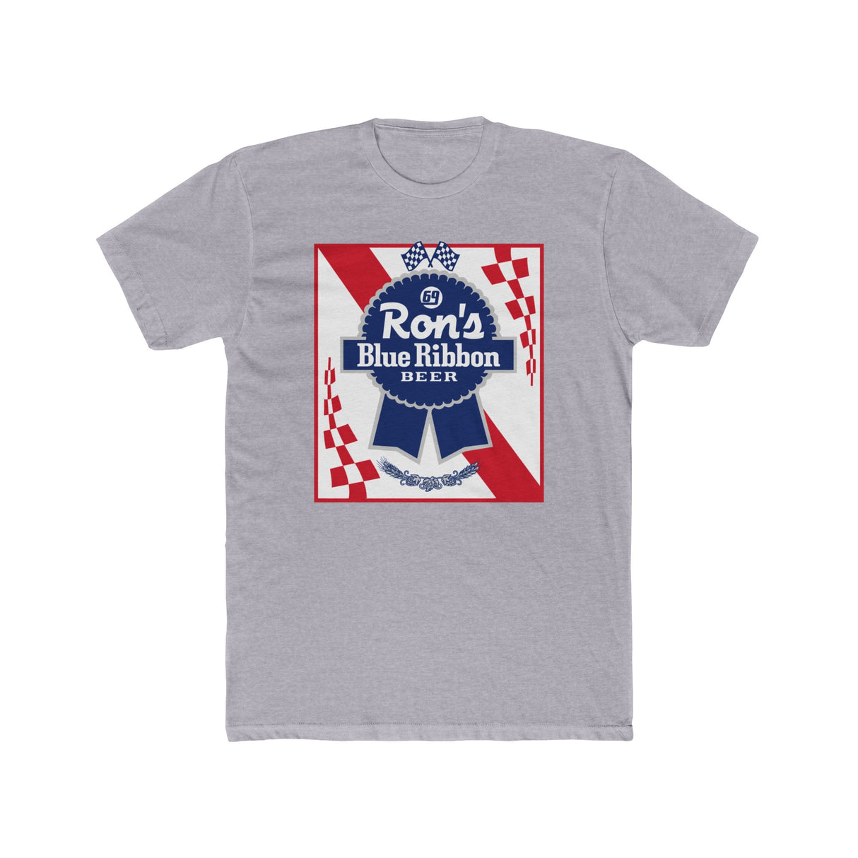 Rons Blue Ribbon Beer shirt featuring a vintage-inspired logo on a gray background. Perfect for beer enthusiasts!