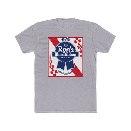 Rons Blue Ribbon Beer shirt featuring a vintage-inspired logo on a gray background. Perfect for beer enthusiasts!