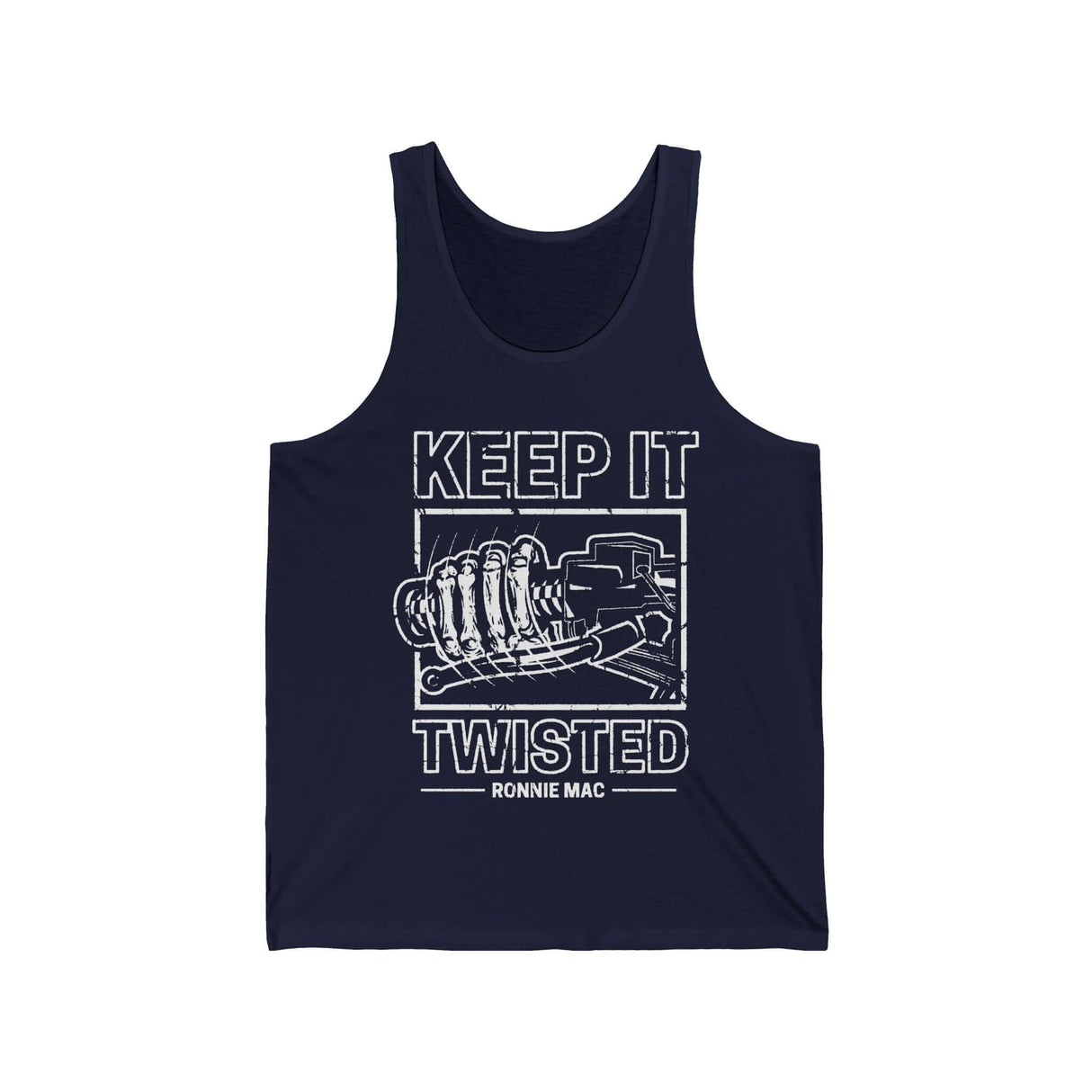 Keep It Twisted Tank Top with gnarly twisted design and "Ronnie Mac" text in the center, perfect for gym and casual wear.