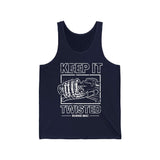 Keep It Twisted Tank Top with gnarly twisted design and "Ronnie Mac" text in the center, perfect for gym and casual wear.