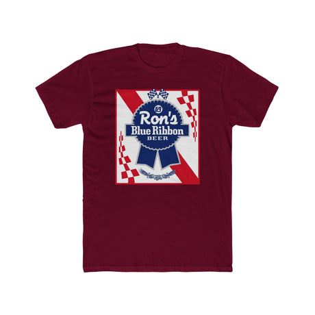 Ron's Blue Ribbon Beer shirt featuring vintage logo on a maroon background, celebrating classic beer culture.