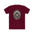 Skeleton Ronnie Mac shirt with American bandana and feathered hat design on maroon fabric.