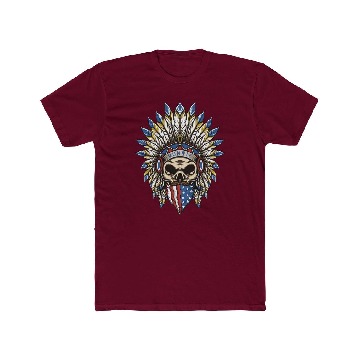 Skeleton Ronnie Mac shirt with American bandana and feathered hat design on maroon fabric.