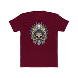 Skeleton Ronnie Mac shirt with American bandana and feathered hat design on maroon fabric.