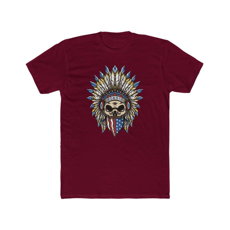 Skeleton Ronnie Mac shirt with American bandana and feathered hat design on maroon fabric.