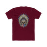Skeleton Ronnie Mac shirt with American bandana and feathered hat design on maroon fabric.