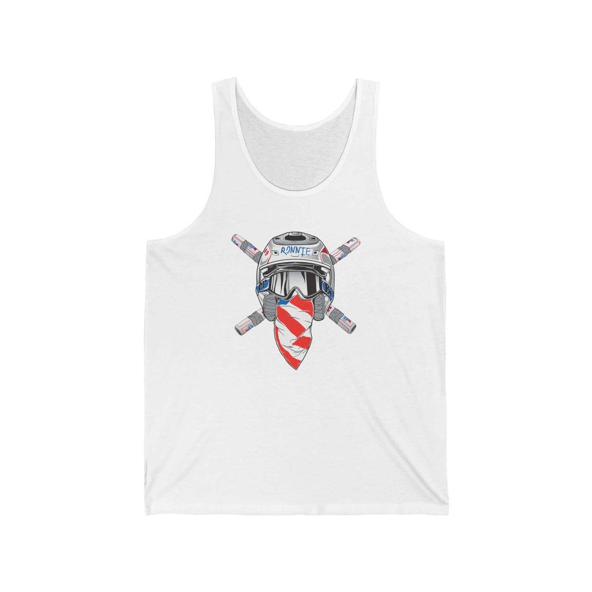 White tank top featuring Ronnie Mac crossbones helmet design with red bandana and crossed handlebars.