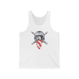 White tank top featuring Ronnie Mac crossbones helmet design with red bandana and crossed handlebars.