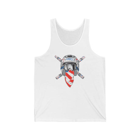 White tank top featuring Ronnie Mac crossbones helmet design with red bandana and crossed handlebars.