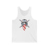 White tank top featuring Ronnie Mac crossbones helmet design with red bandana and crossed handlebars.