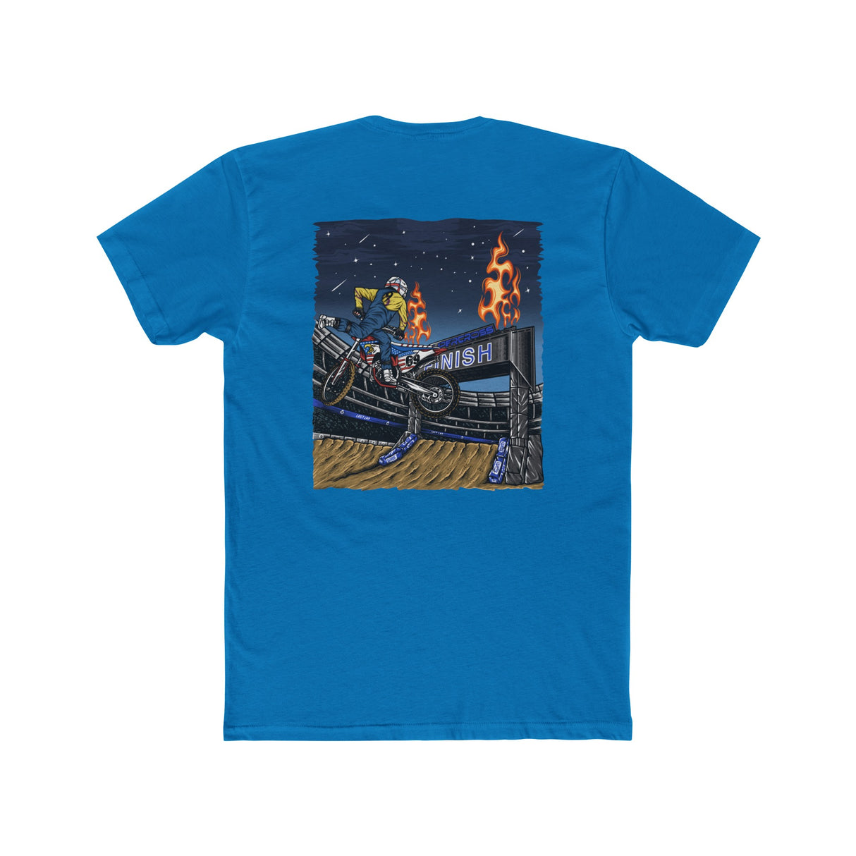 Blue Supercross Mac Nac Shirt featuring a motocross stunt graphic by Ronnie Mac.