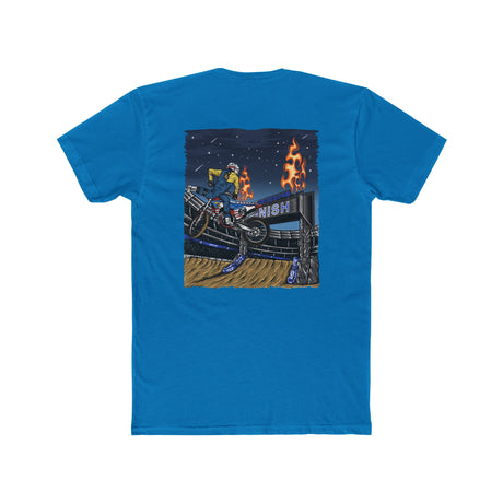 Blue Supercross Mac Nac Shirt featuring a motocross stunt graphic by Ronnie Mac.