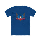 Blue '4-Strokes Suck' t-shirt featuring an eagle graphic and stars, perfect for 2-stroke enthusiasts.