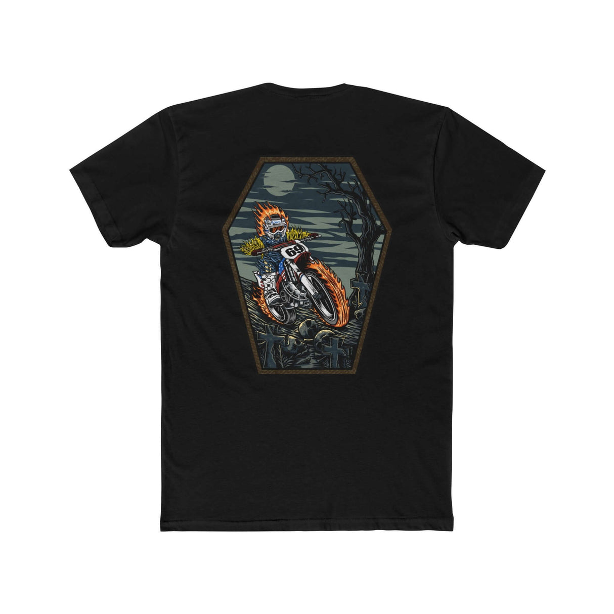 Ghost Rider Ronnie Mac shirt with flaming skeleton design, showcasing a thrilling motorcycle ride at night.