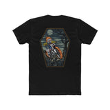 Ghost Rider Ronnie Mac shirt with flaming skeleton design, showcasing a thrilling motorcycle ride at night.