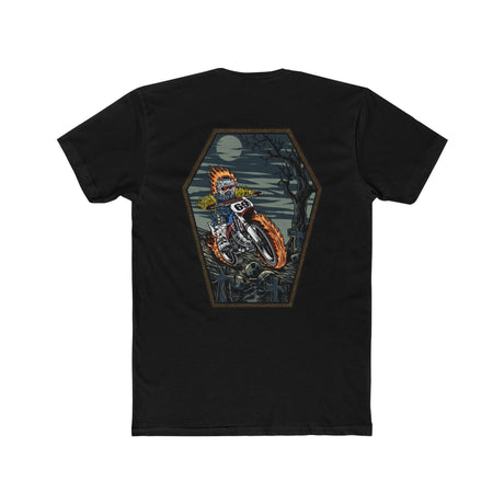 Ghost Rider Ronnie Mac shirt with flaming skeleton design, showcasing a thrilling motorcycle ride at night.