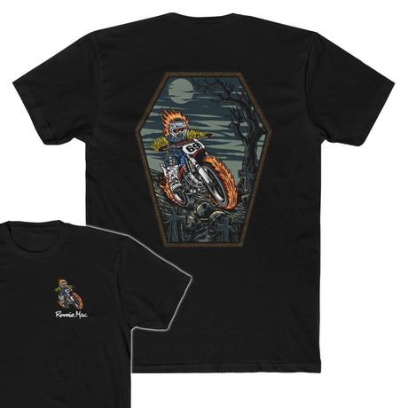Ghost Rider Ronnie Mac Shirt with flaming skeleton motorcycle design under moonlit sky.